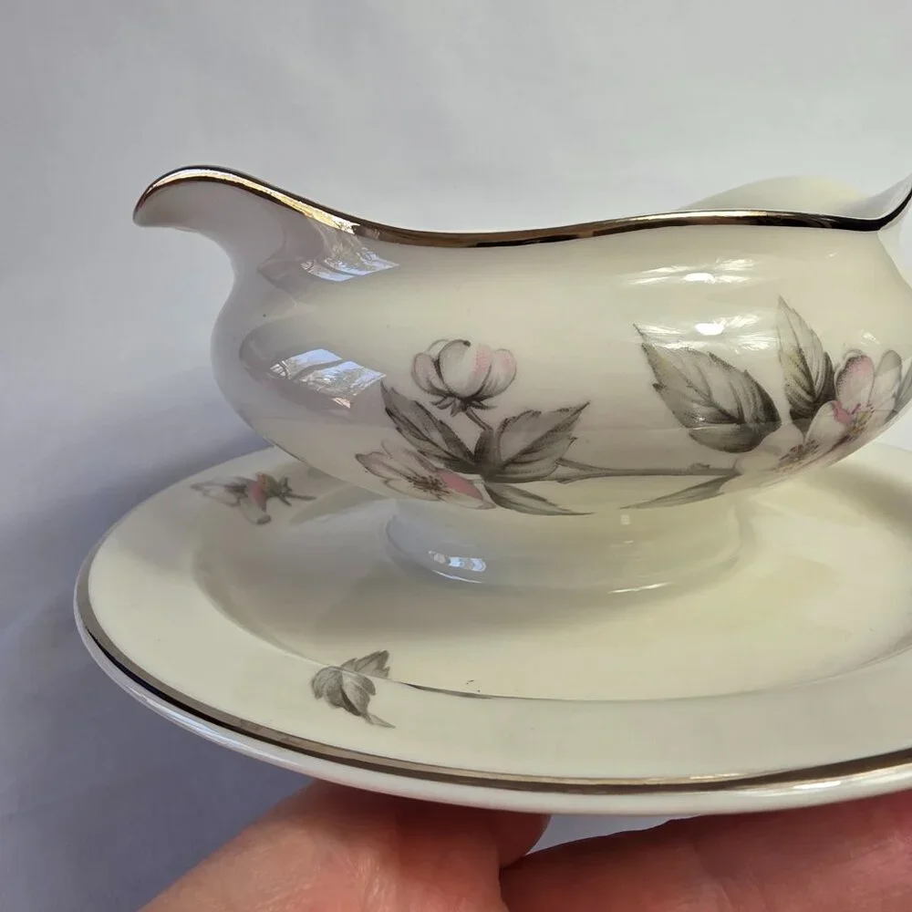 Manor House Spring Glory Gravy Boat & Underplate Pink & White Floral Gray Leaves